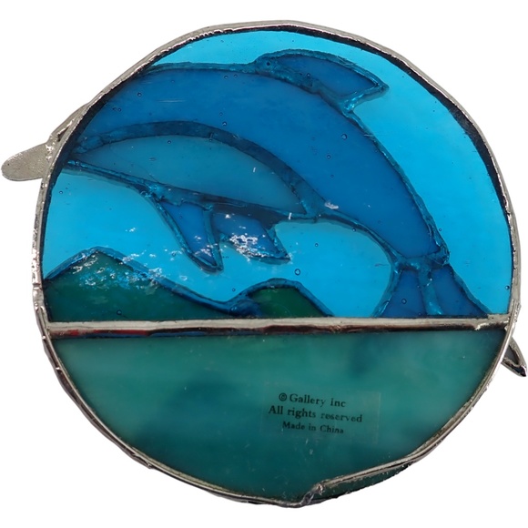 Jumping Dolphin Stained Glass Sun Catcher with Ocean & Mountains 4" Beach Decor - Picture 2 of 6